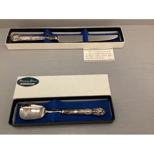 493 - Sheffield Sterling Silver Cake Knife & Spoon In Boxes