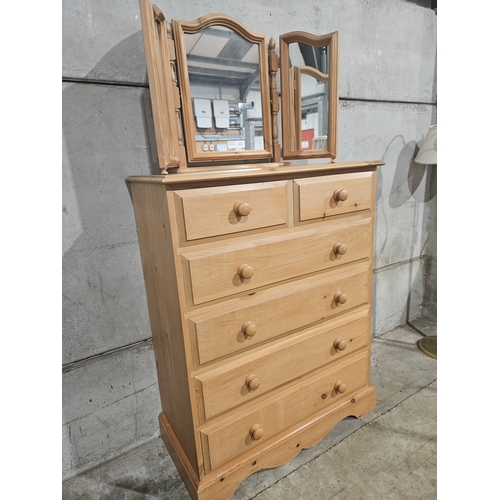 606 - Modern Pine Chest Of Drawers & Free Standing Mirror H116cm W92cm D45cm