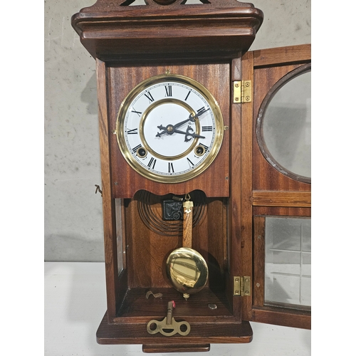 618 - Mahogany Wall Clock & Key H56cm