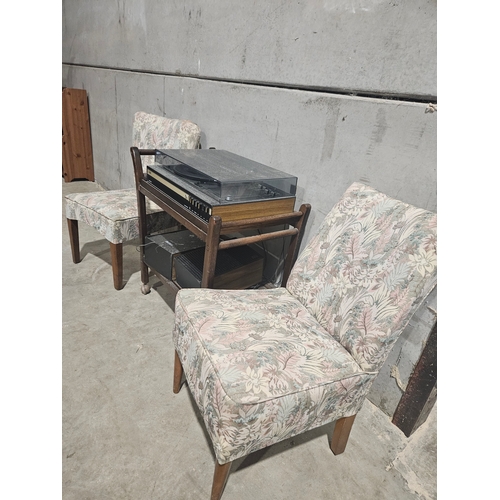 680 - Oak Tea Trolley, Stereo, 2 Occasional Chairs & 2 Mahogany Dining Chairs