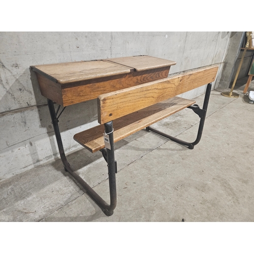 686 - Victorian Oak & Metal Twin Children's School Desk H72cm W103cm D75cm