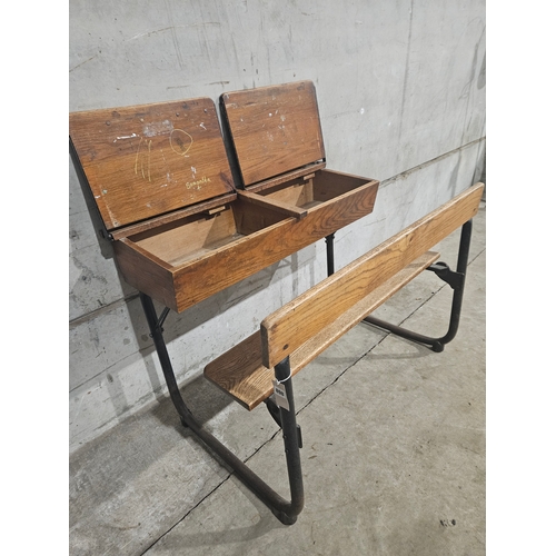 686 - Victorian Oak & Metal Twin Children's School Desk H72cm W103cm D75cm