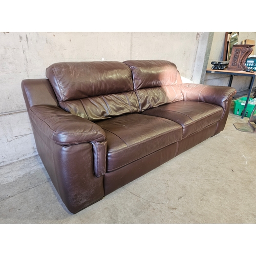 801 - Brown Leather 3 Seater Settee & Armchair