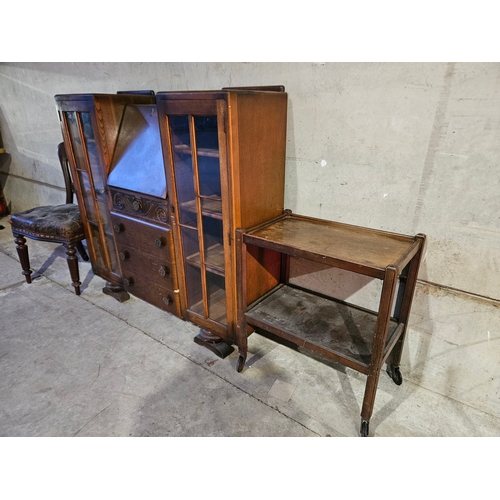 820 - Oak Bureau China Cabinet, H85cm W122cm D37cm Oak Tea Trolley, Mahogany Leather Chair