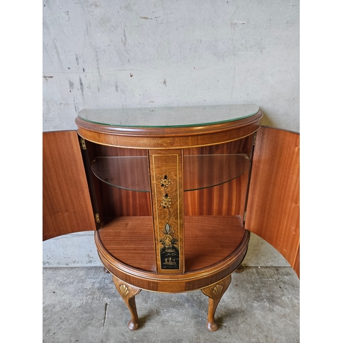 744 - Oriental Bow Fronted Inlaid Cabinet H98cm W78cm D39cm