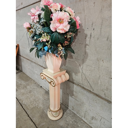 760 - Wooden Pedestal Column With Vase & Flowers