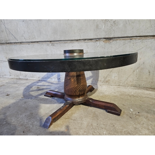 787 - Oak Glass Topped Carriage Wheel Coffee Table H40cm W77cm