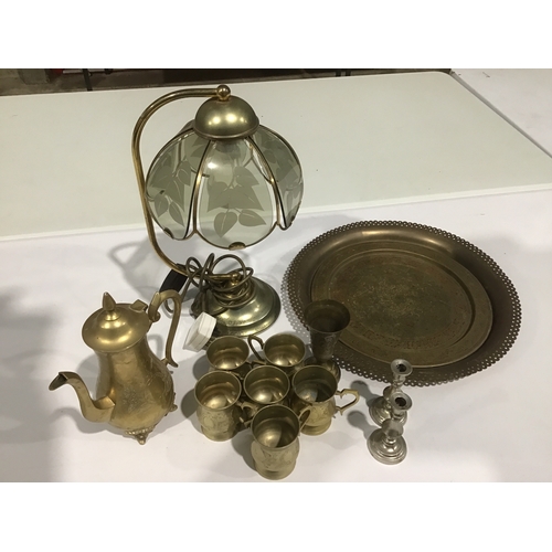 438A - Lamp, Brass Trays, Cups Etc