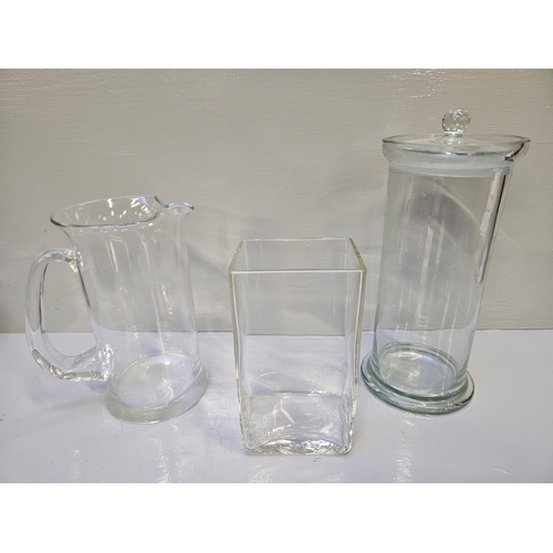 34 - Glass Lidded Pasta Jar, Water Jug & Vase