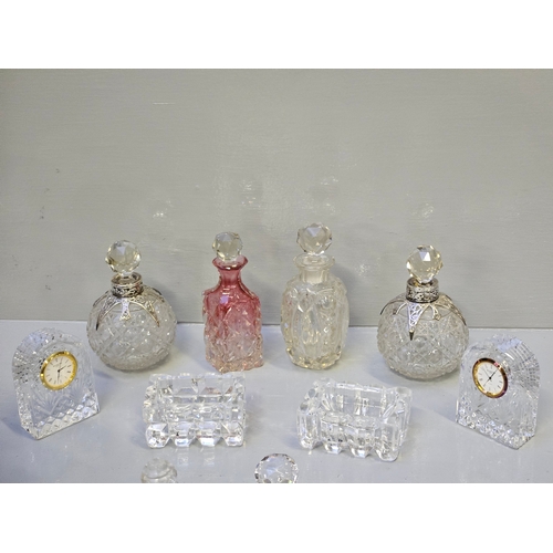 35 - Box Including Cut Glass Perfume Bottles,  3 Salts,  2 Waterford Crystal Clocks, Vases Etc