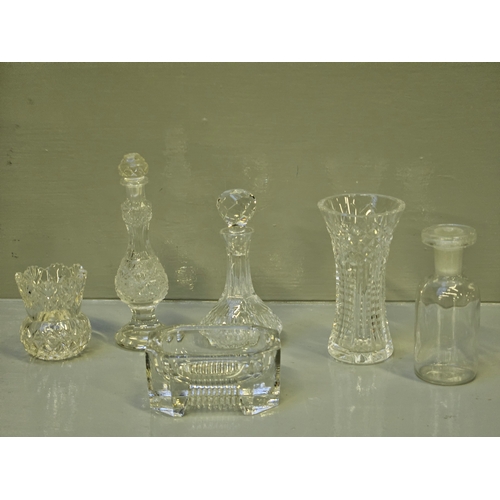 35 - Box Including Cut Glass Perfume Bottles,  3 Salts,  2 Waterford Crystal Clocks, Vases Etc