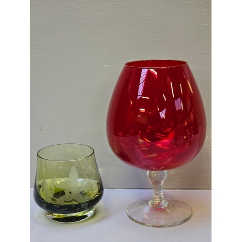 44 - Murano Style Gold Leaf Decanter & 6 Goblets, Red Glass Balloon Shaped Brandy Vase, Caithness Green G... 