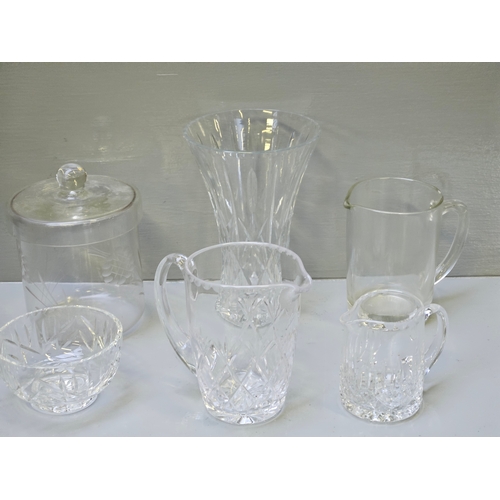 51 - Box Including Cut Glass Bowls, Jugs, Cake Plate, Vase Etc