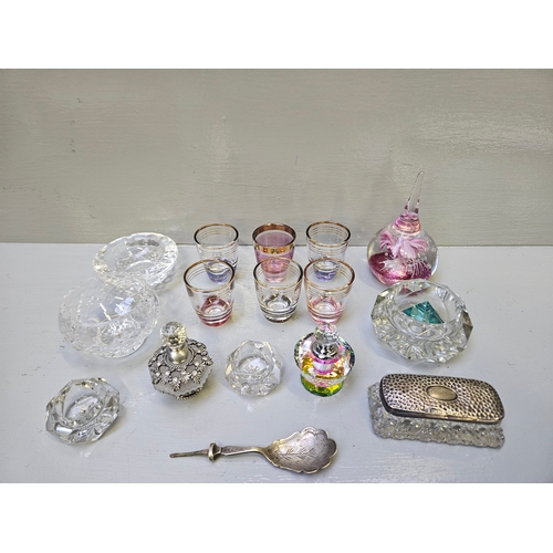 55 - Box Including Silver Lidded Glass Pin Dish Birmingham 1909, Cut Glass Salts, Paperweights, Liqueur G... 