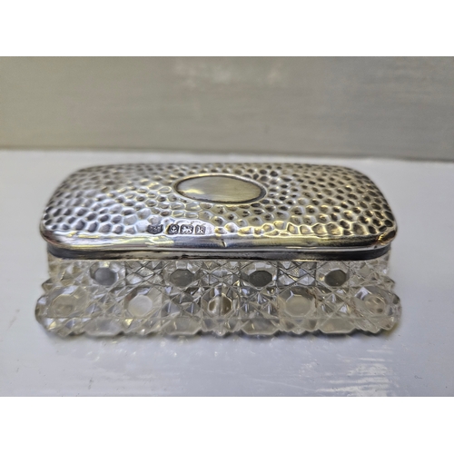 55 - Box Including Silver Lidded Glass Pin Dish Birmingham 1909, Cut Glass Salts, Paperweights, Liqueur G... 