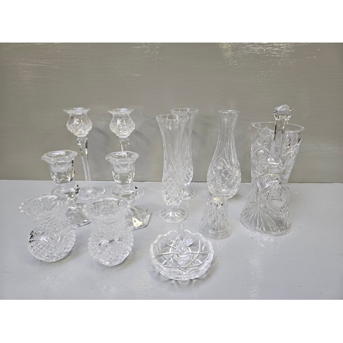 58 - Assorted Cut Glass Candlesticks, Vases, Bells Etc