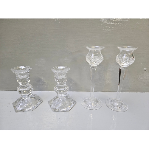 58 - Assorted Cut Glass Candlesticks, Vases, Bells Etc