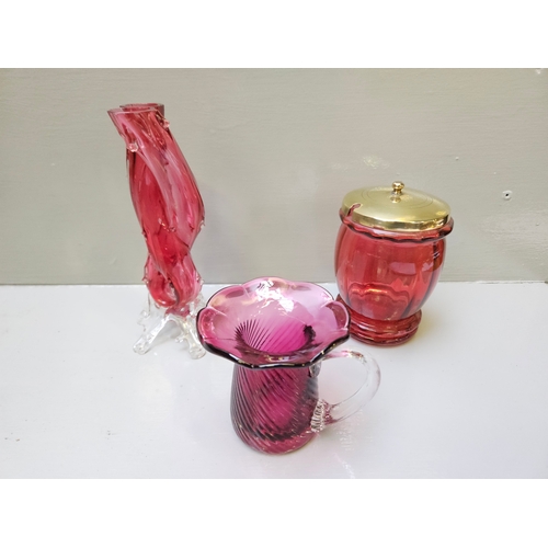 59 - Box Including 5 Pieces Of Vaseline Glassware, 3 Ruby Coloured Glassware, Plated Glass Biscuit Jar Et... 