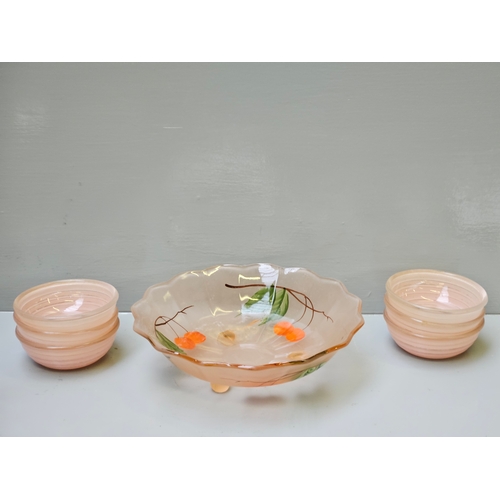 82 - Pink Fruit Bowl, Pink Dessert Dishes, Cake Stand, 2 Glass Candlesticks