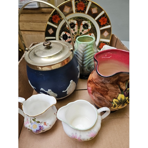 116 - 2 Mason's Plates, Wedgwood  Biscuit Barrel, Crown Derby Plate, 2 Hunting Pattern Jugs Etc