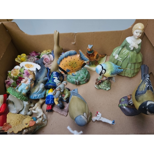 142 - Box Including Porcelain Lady Figurines, Bird Figures Etc