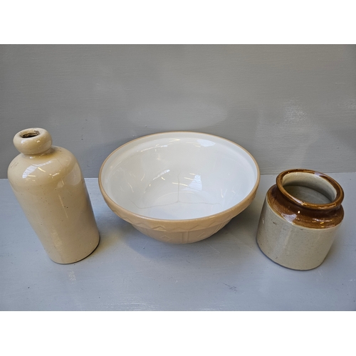 193 - 3 Ware Mixing Bowls (2 Damaged), Cream Jar & Creamware Bottle