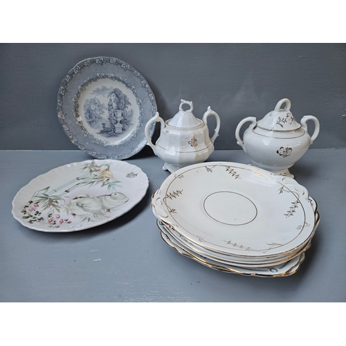 196 - 7 Pcs Gold & White Plates & Tureens, 2 Assorted Plates