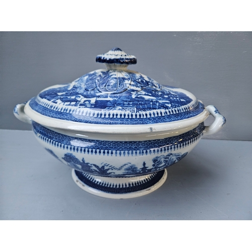 198 - Blue & White Tureen (A/F) &  3 Assorted Plates