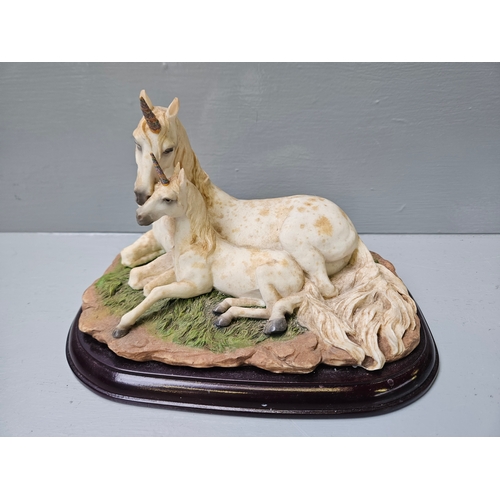 224 - Unicorn & Foal Figurine (Lying Down) On Wood Base