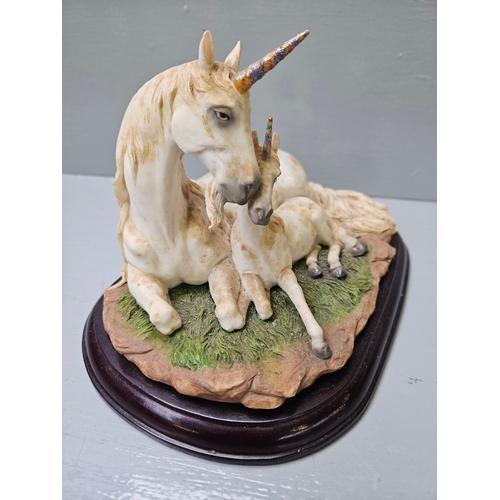 224 - Unicorn & Foal Figurine (Lying Down) On Wood Base