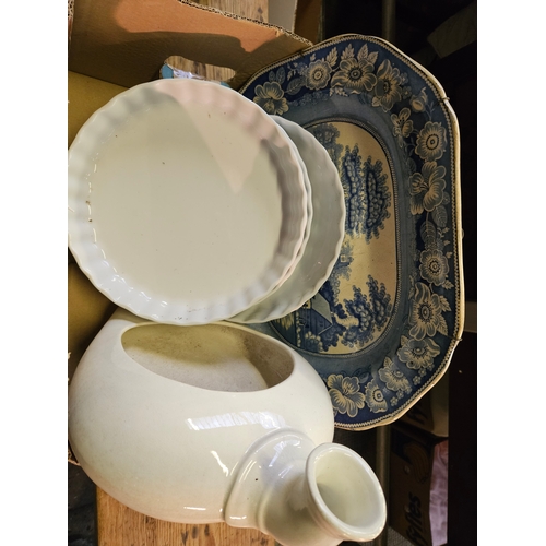 284 - Blue And White Meat Plate, Bed Pan And Quiche Dishes