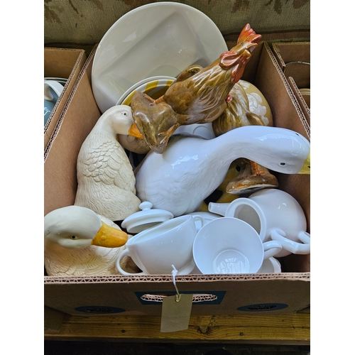 293 - Box incl Royal Worcester Part Tea Set, Ceramic Ducks & Cockerel, Etc