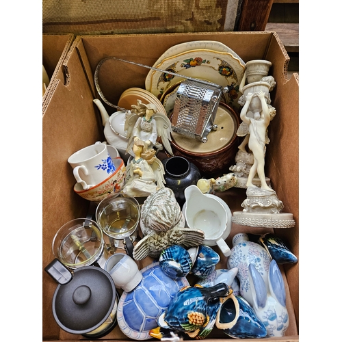 294 - Box incl Candlestick Holders, Miniature Flying Ducks & Assorted China Plates Etc