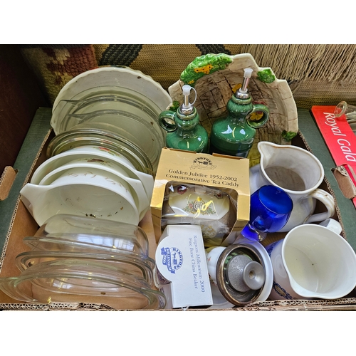 301 - Box Of Pyrex Dishes, Jugs, Ringtons Tea Caddy Etc