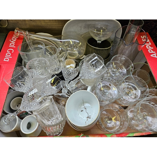 302 - Box Of Cut Glass Wine Glasses, Dessert Glasses, Plates Etc