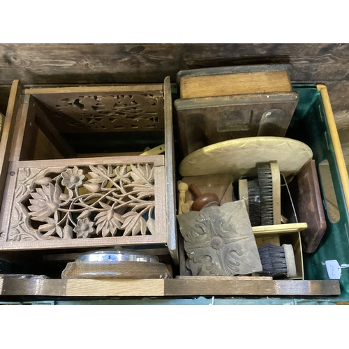 306 - Box Including Wooden Barometer, Boot Brushes, Hand Carved Wooden Pieces Etc