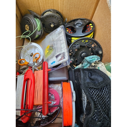 584 - Box Including Fly Reels, Line & Other Fishing Accessories