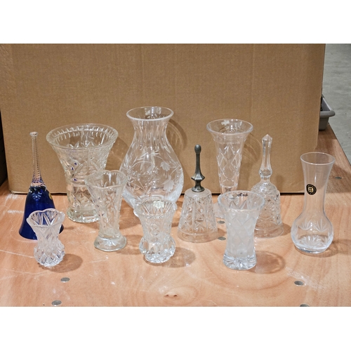 61 - Box Including Small Cut Glass Vases, 3 Bells, Assorted Dishes Etc