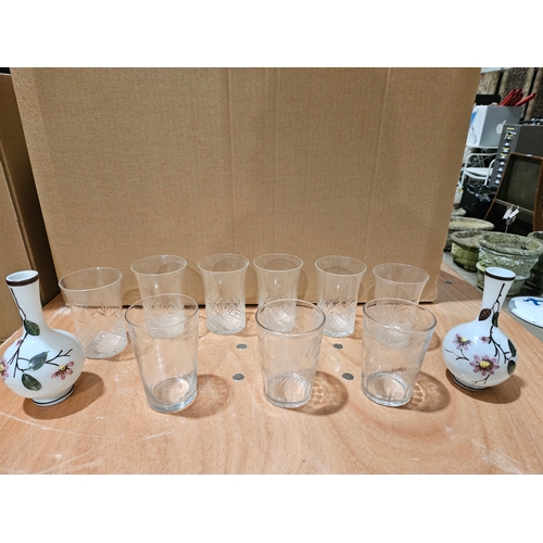 62 - 7 Pc Cut Glass Water Set, 2 Hand Painted Bud Vases, 9 Assorted Glasses