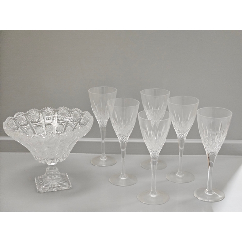 66 - Cut Glass Bon Bon Dish & 6 Wine Glasses