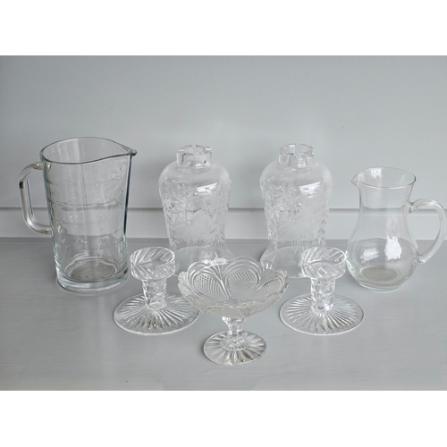 71 - 2 Water Jugs, 2 Engraved Glass Light Shades, 2 Candlesticks, Small Bon Bon Dish