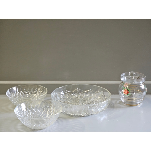 79 - 3 Cut Glass Fruit Bowls, Lidded Jam Pot Etc