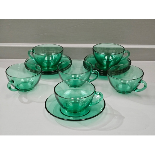 88 - Box Including Glass Dressing Table Pieces, 6 Arcoroc Glass Cups & Saucers, Cut Glass Water Jug Etc