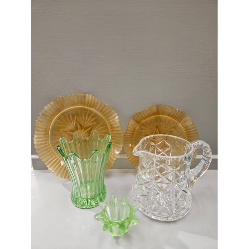 88 - Box Including Glass Dressing Table Pieces, 6 Arcoroc Glass Cups & Saucers, Cut Glass Water Jug Etc