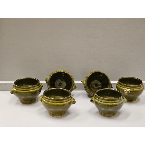 106 - Italian Style Oil & Vinegar Cruet On Plate, 6 Early Green Ceramic Soup Bowls