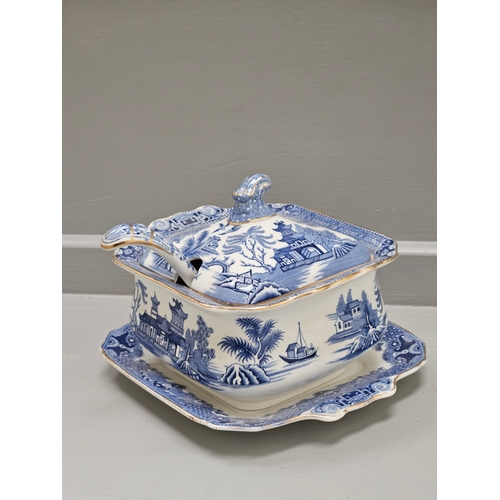 156 - 7 Blue & White Spode Collectors Plates & Small  Burleigh Ware Willow Tureen On Stand & Ladle