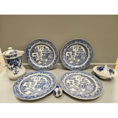 192 - Box Including Blue & White Plates, Soup Bowls, Coffee Pot, Wall Plate, Meat Plate Etc