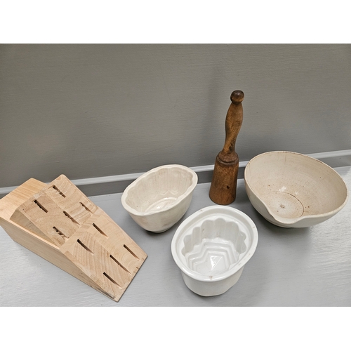 194 - Victorian Pestle & Mortar, 2 Victorian Jelly Moulds, Wooden Knife Block