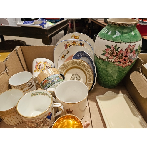 199 - Box Including 6 Pieces Of Staffordshire Egg Shell Coffee Ware, Commemorative Ware, Maling Vase, 2 Lu... 