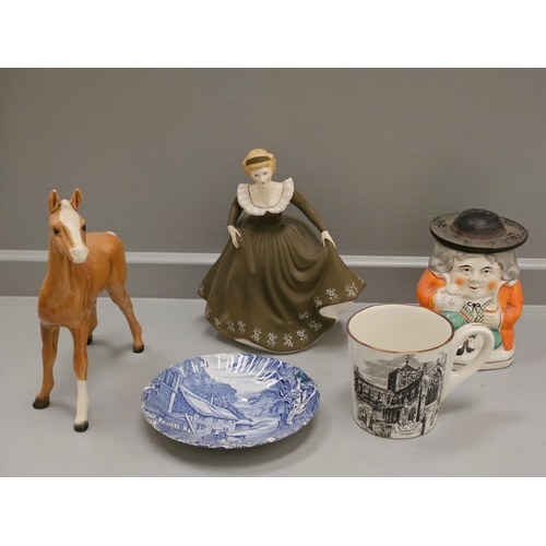 231 - 2 Staffordshire Hunting Scene Mugs, Small Hunting Jug, Goebel Palamino Horse Etc (A/F)